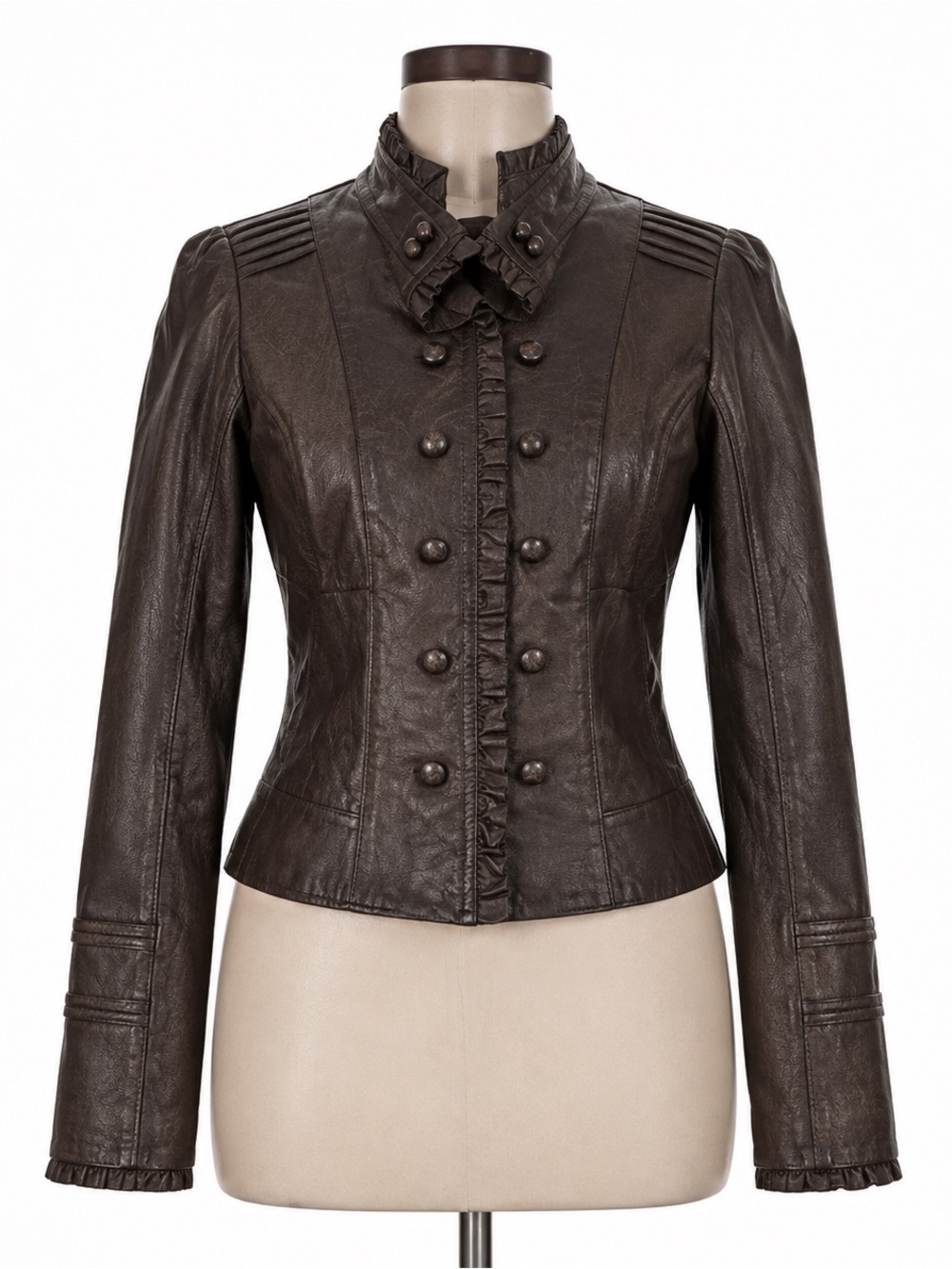 DANIER Dark Brown Military-Style Leather Jacket Button Vampire Dairies 2XS XXS